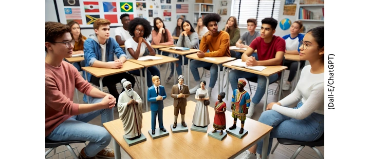 Em uma sala de aula do ensino médio, os alunos - homens e mulheres, brancos e negros - estão sentados em um semicírculo. Na parte aberta do semicírculo está uma mesa. Sobre a mesa, estão miniaturas das seguintes pessoas: a) mulher negra / adulta / pobre / idade moderna / Brasil, b) homem branco / idoso / classe média / antiguidade / Europa, c) mulher branca / criança / rica / contemporaneidade / EUA, d) homem negro / jovem / classe média / idade média / África.